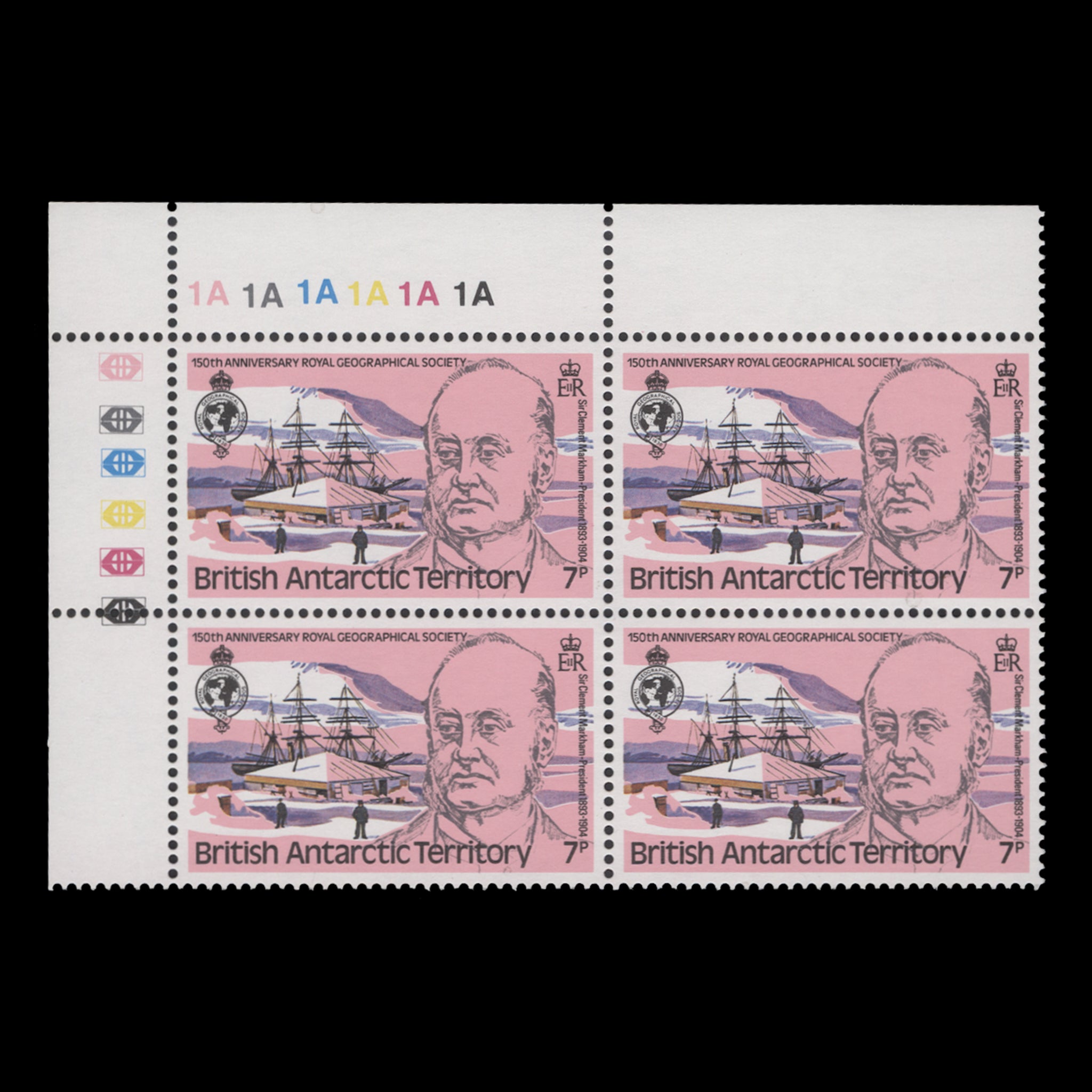 BAT 1980 (Variety) 7p Clement Markham and Discovery plate block with w ...