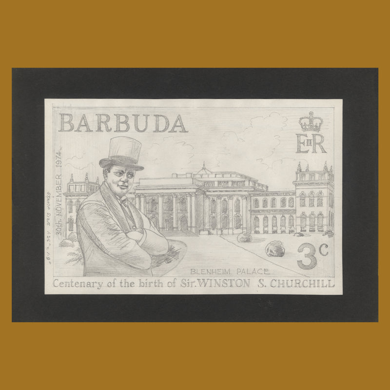 Barbuda 1974 Churchill Birth Centenary unadopted pencil essay by Gordon Drummond