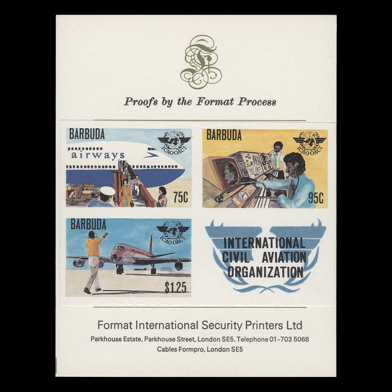 Barbuda 1979 ICAO Anniversary imperf composite proof on presentation card