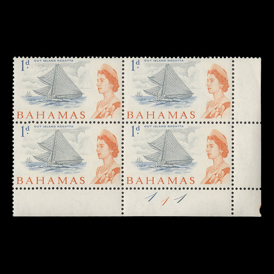 Bahamas 1965 (MNH) 1d Out Island Regata plate 1–1–1 block