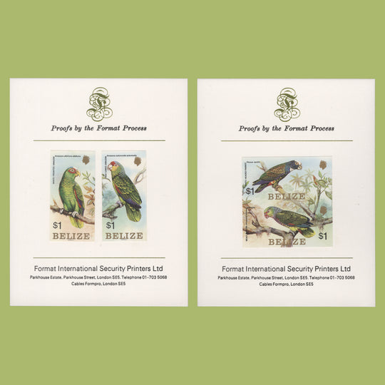 Belize 1984 Parrots imperf proofs on presentation cards