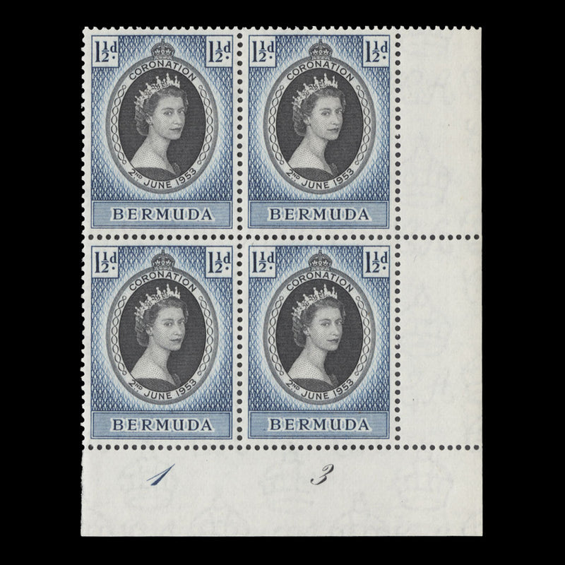 Bermuda 1953 (MNH) 1½d Coronation plate 1–3 block