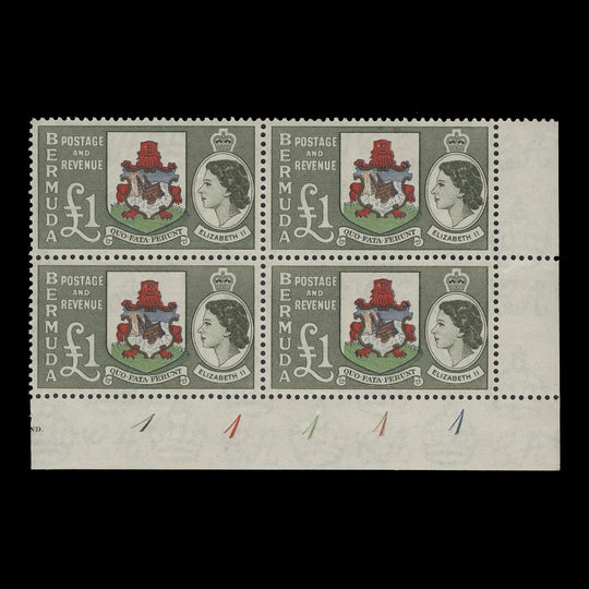 Bermuda 1953 (MNH) £1 Country Arms plate 1–1–1–1–1 block