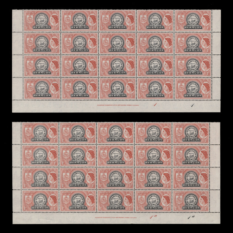 Bermuda 1953 (MNH) 1d Postmaster Perot's Stamp imprint/plate blocks