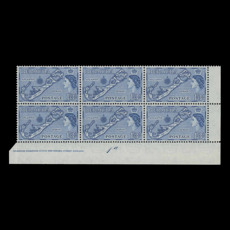 Bermuda 1953 (MNH) 1s3d Map imprint/plate 1a block, die I, blue shade