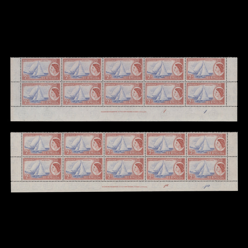 Bermuda 1953 (MNH) 2d Racing Dinghy imprint/plate blocks
