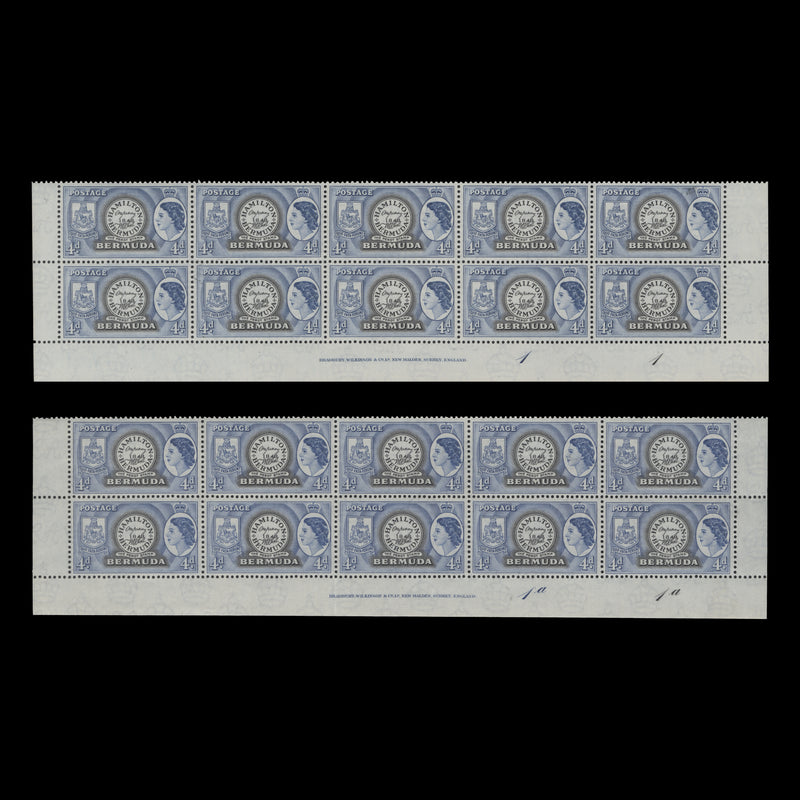 Bermuda 1954 (MLH) 4d Postmaster Perot's Stamp imprint/plate blocks