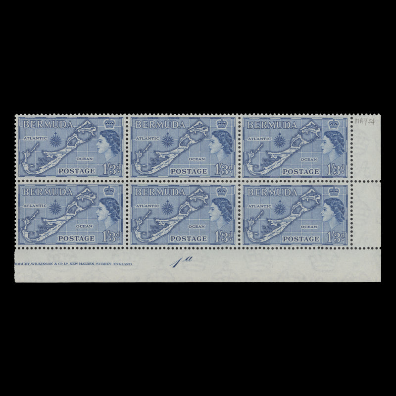 Bermuda 1954 (MNH) 1s3d Map plate 1a block, die I, blue shade
