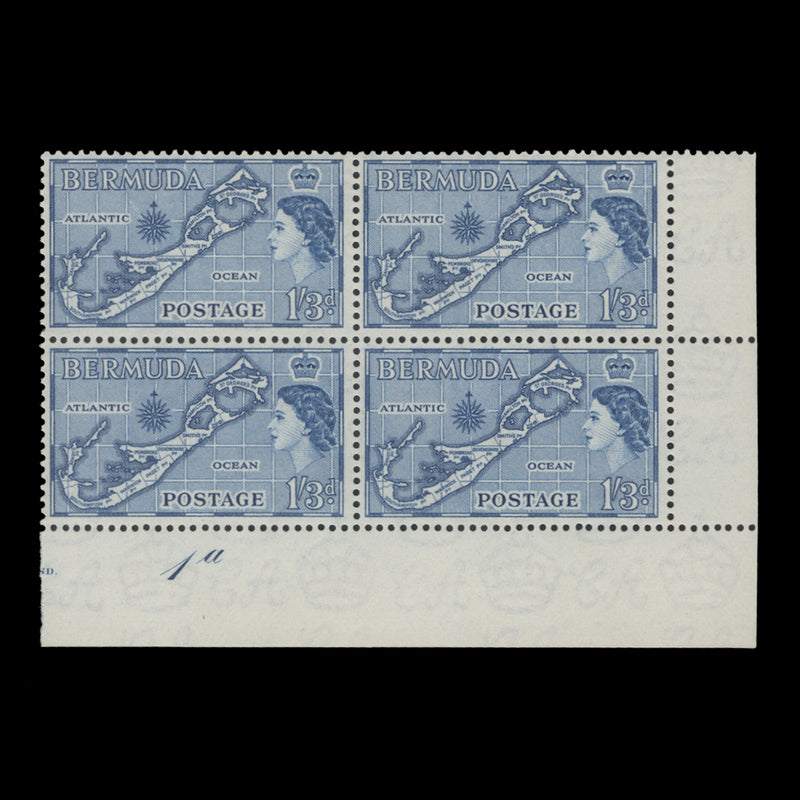 Bermuda 1954 (MNH) 1s3d Map plate 1a block, die I, greenish-blue shade