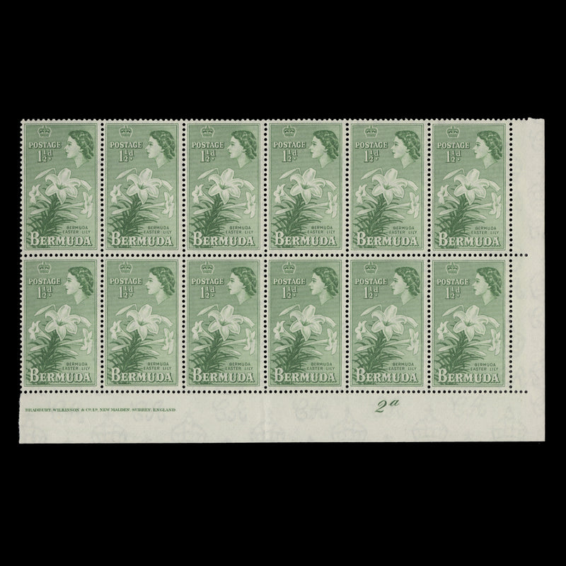 Bermuda 1956 (MNH) 1½d Easter Lily imprint/plate 2a block