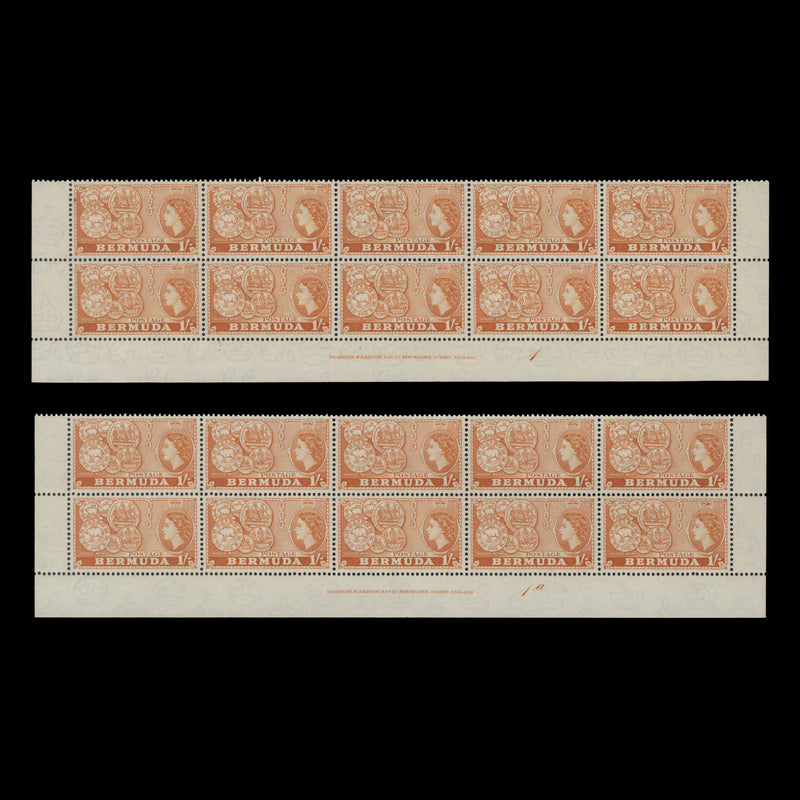 Bermuda 1956 (MLH) 1s Early Coinage imprint/plate blocks