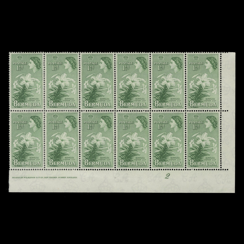 Bermuda 1956 (MNH) 1½d Easter Lily imprint/plate 2 block