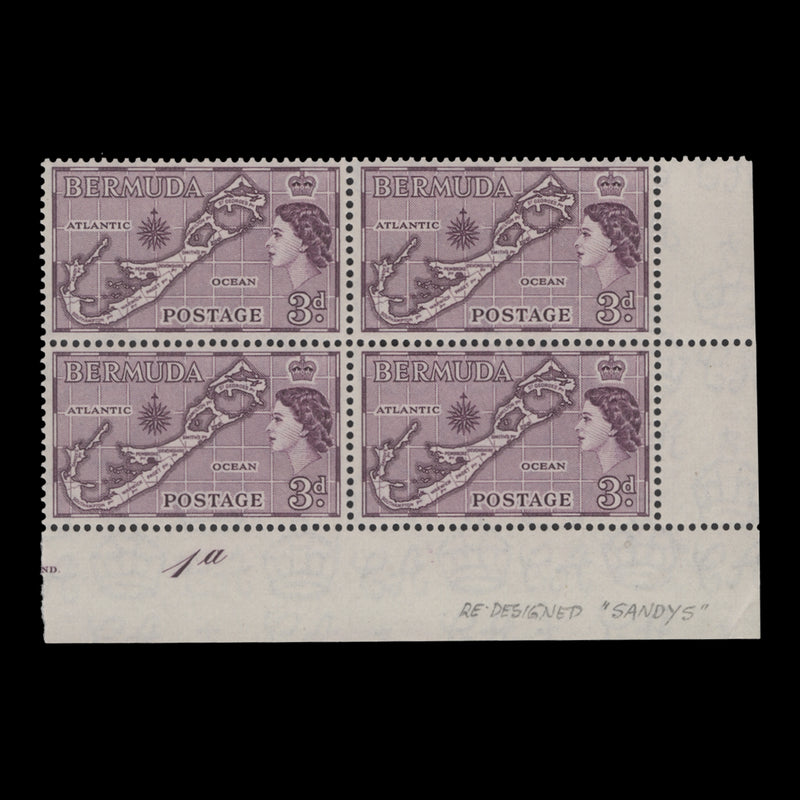 Bermuda 1957 (MNH) 3d Map plate 1a block, die II