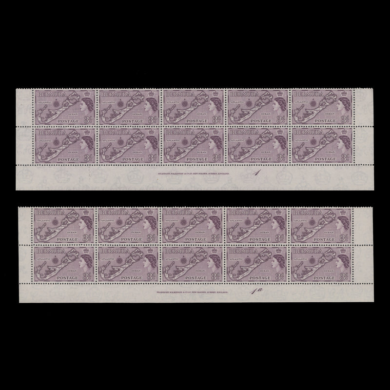 Bermuda 1957 (MNH) 3d Map imprint/plate blocks, die II