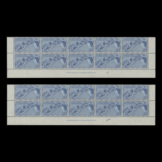 Bermuda 1957 (MNH) 1s3d Map imprint/plate blocks, die II, blue shade