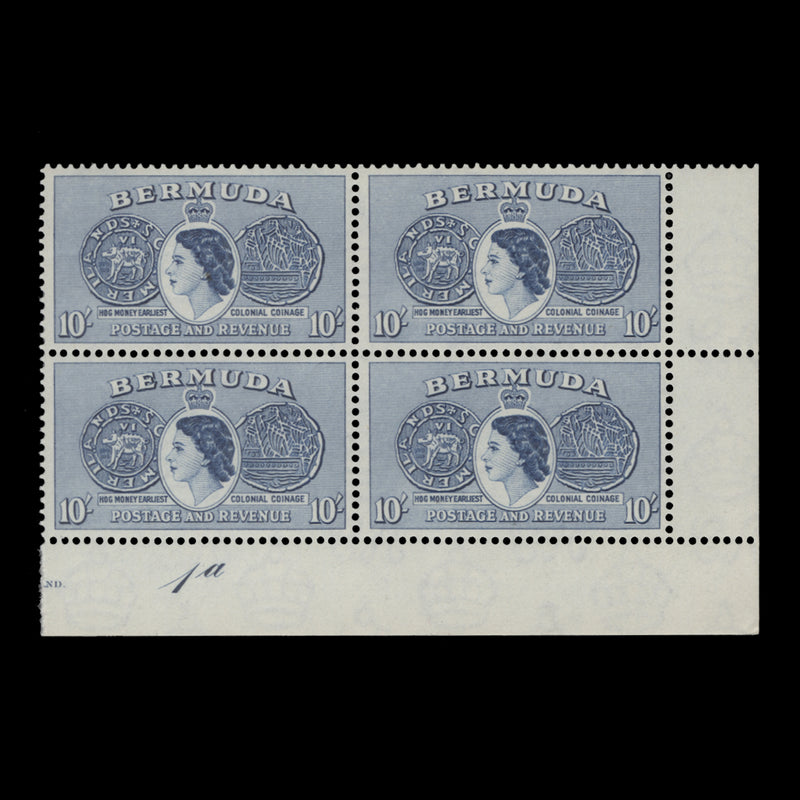 Bermuda 1953 (MNH) 10s Tog Coin plate 1a block in deep ultramarine