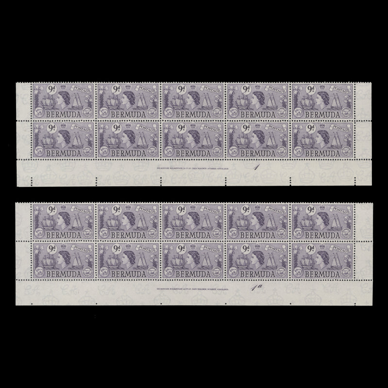 Bermuda 1958 (MNH) 9d Sea Venture imprint/plate blocks