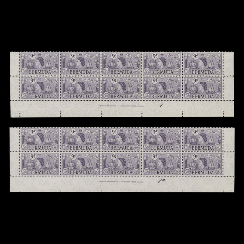 Bermuda 1958 (MLH) 9d Sea Venture imprint/plate blocks