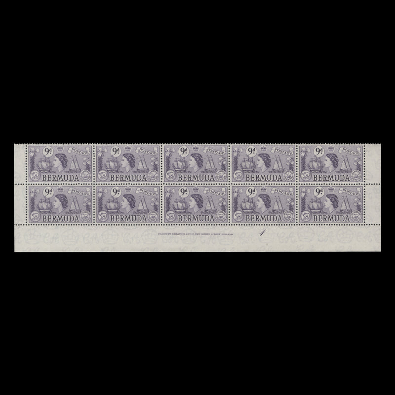 Bermuda 1958 (MNH) 9d Sea Venture imprint/plate 1 block