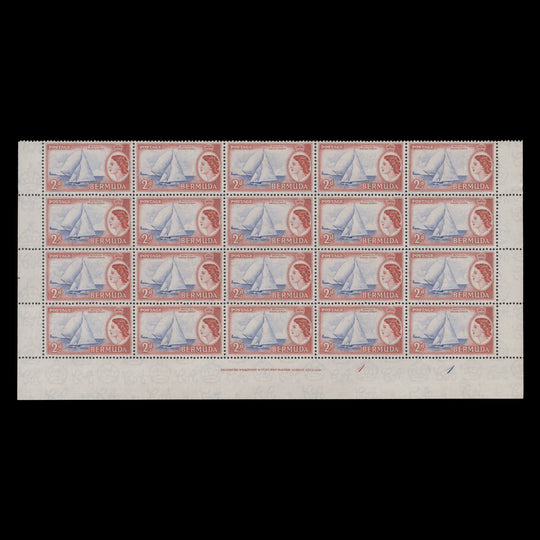 Bermuda 1958 (MNH) 2d Racing Dinghy imprint/plate 1–1 block