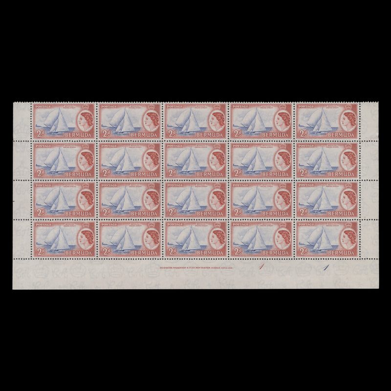 Bermuda 1958 (MNH) 2d Racing Dinghy imprint/plate 1–1 block