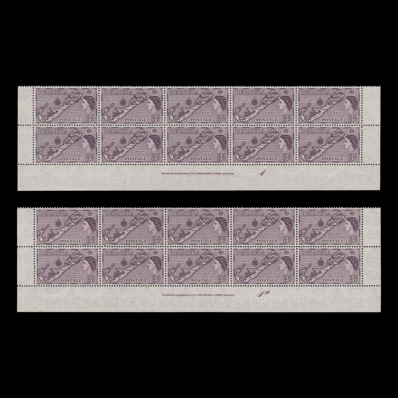 Bermuda 1958 (MNH) 3d Map imprint/plate blocks, die II