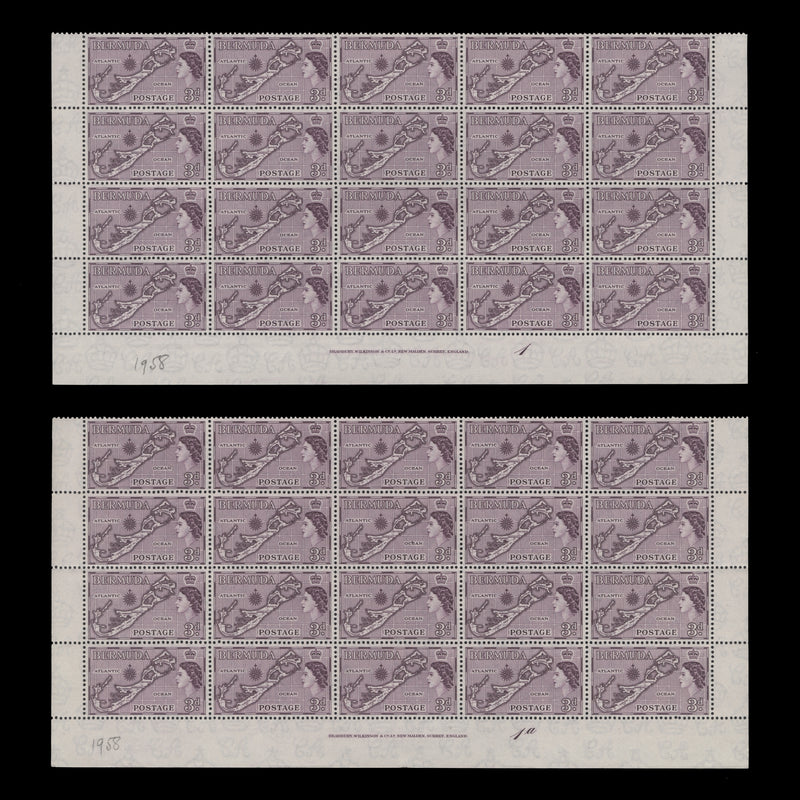 Bermuda 1958 (MNH) 3d Map imprint/plate blocks, die II