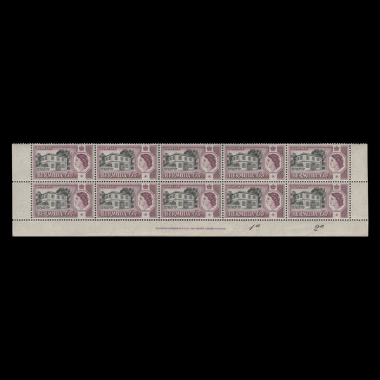 Bermuda 1959 (MNH) 6d Perot's Post Office imprint/plate 1a–2a block