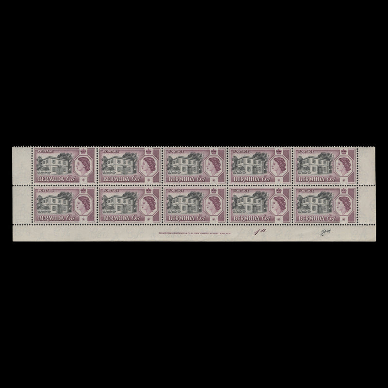 Bermuda 1959 (MNH) 6d Perot's Post Office imprint/plate 1a–2a block