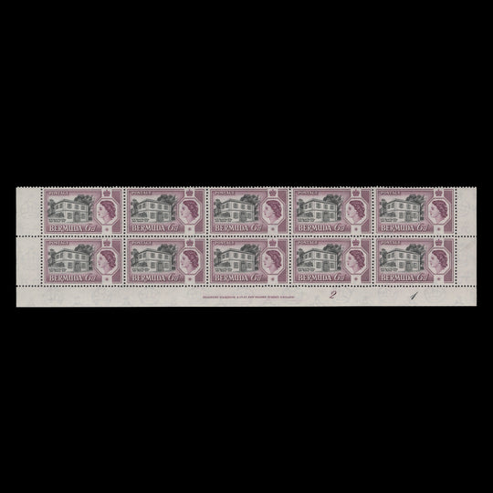 Bermuda 1959 (MNH) 6d Perot's Post Office imprint/plate 2–1 block