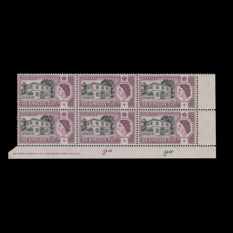 Bermuda 1959 (MNH) 6d Perot's Post Office imprint/plate 2a–2a block
