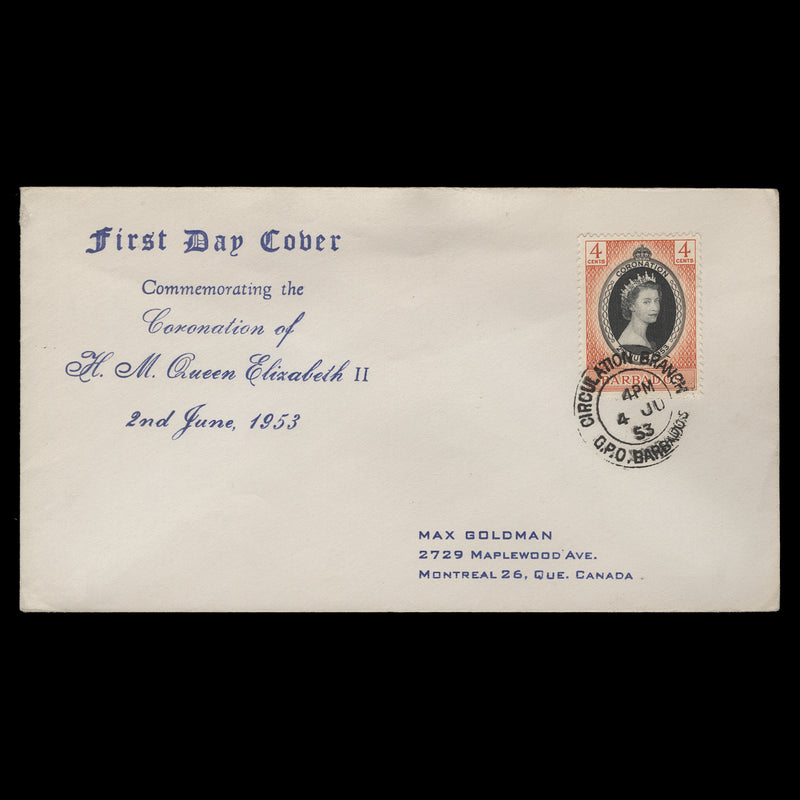 Barbados 1953 (FDC) 4c Coronation, CIRCULATION BRANCH