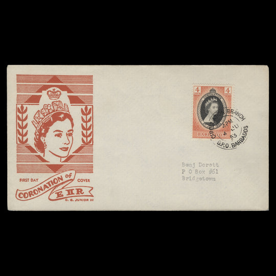 Barbados 1953 (FDC) 4c Coronation, CIRCULATION BRANCH