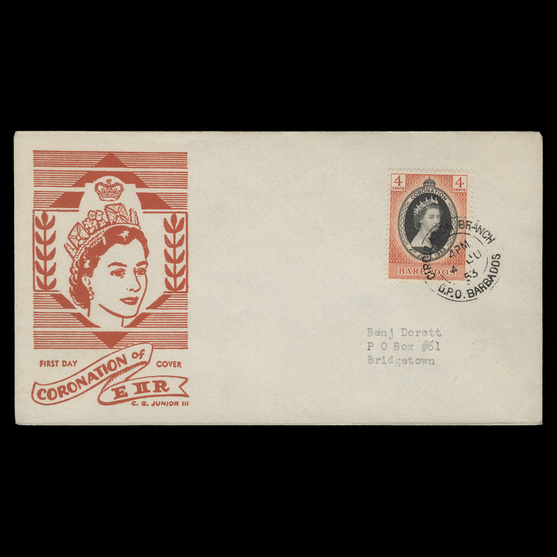 Barbados 1953 (FDC) 4c Coronation, CIRCULATION BRANCH Media 1 of 1