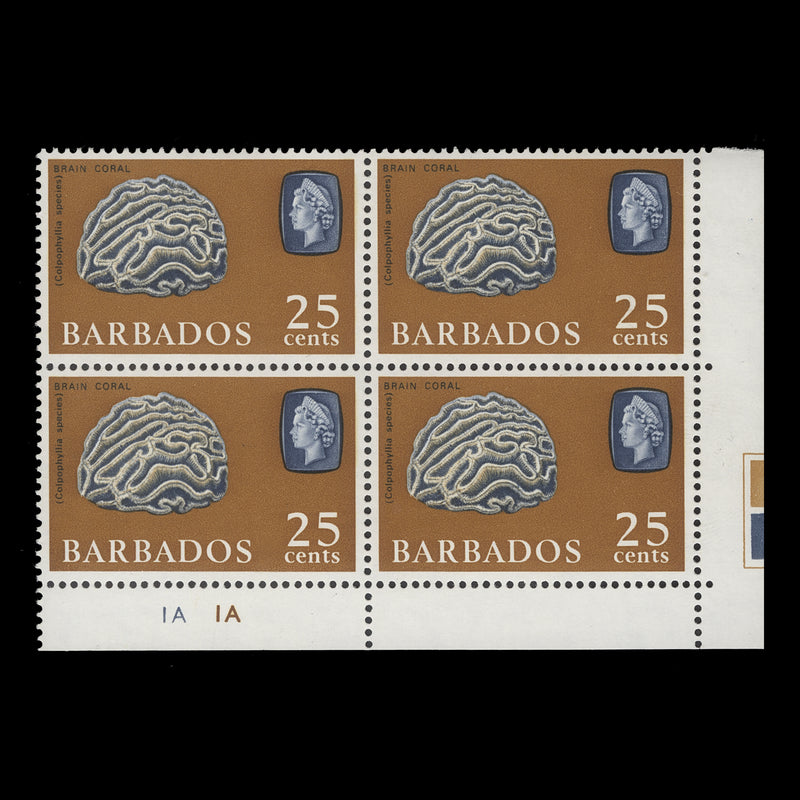 Barbados 1966 (MNH) 25c Brain Coral plate block