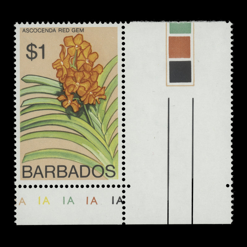 Barbados 1975 (Variety) $1 Ascocenda 'Red Gem' with watermark to right