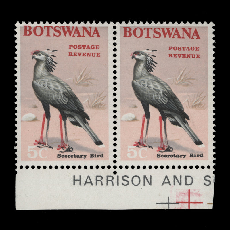 Botswana 1967 (Variety) 5c Secretary Bird pair with carmine shift