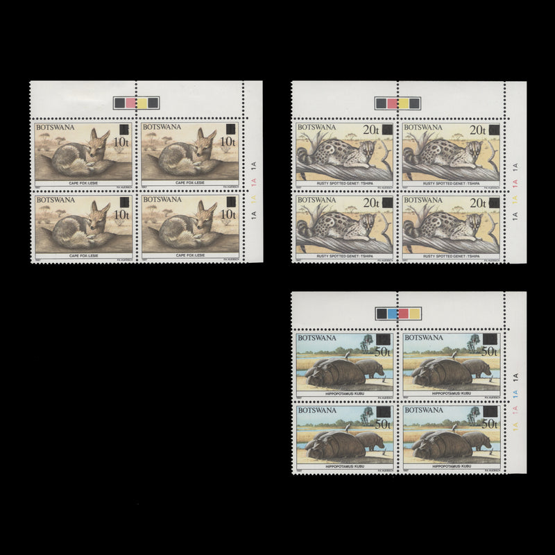 Botswana 1990 (MLH) Wildlife Provisionals plate 1A–1A–1A–1A blocks