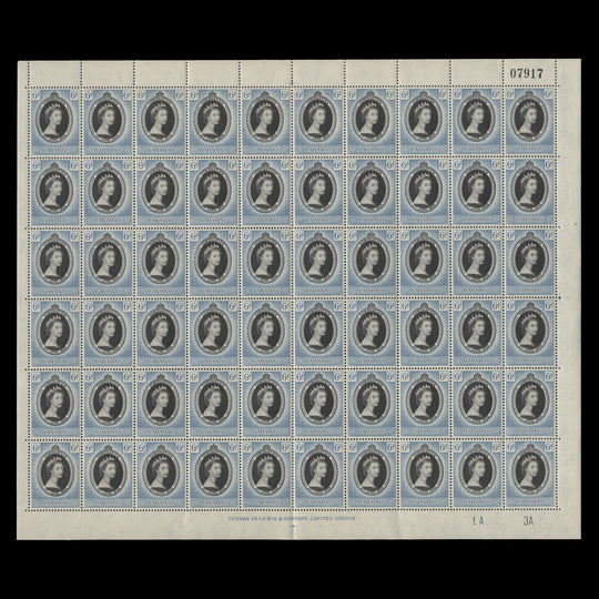 Bahamas 1953 (MNH) 6d Coronation plate 1A–3A pane of 60 stamps