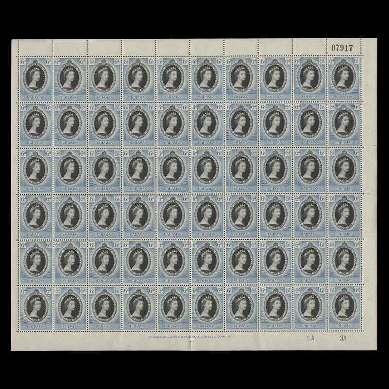Bahamas 1953 (MNH) 6d Coronation plate 1A–3A pane of 60 stamps