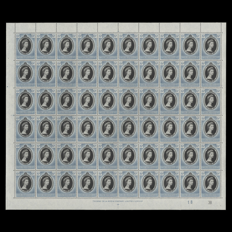 Bahamas 1953 (MNH) 6d Coronation plate 1B–3B pane of 60 stamps