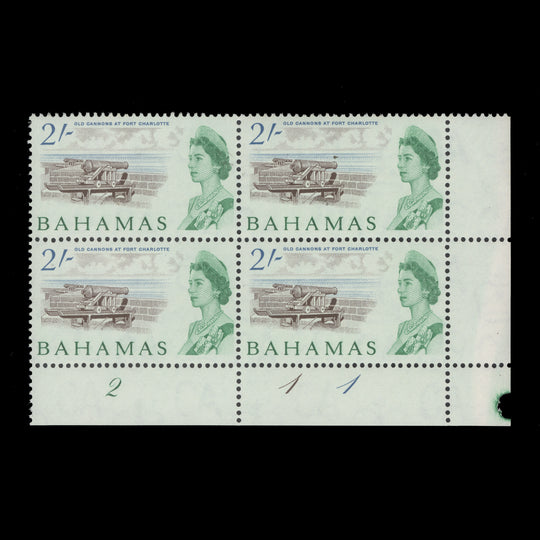 Bahamas 1965 (MNH) 2s Old Cannons at Fort Charlotte plate 2–1–1 block