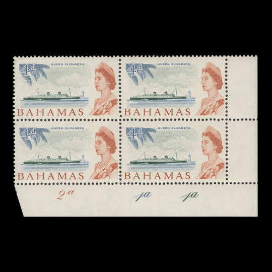 Bahamas 1965 (MNH) 4d Queen Elizabeth plate 2a–1a–1a block