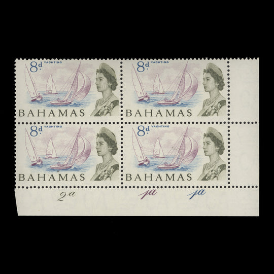 Bahamas 1965 (MNH) 8d Yachting plate 2a–1a–1a block