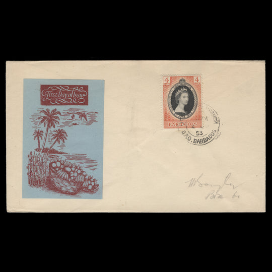 Barbados 1953 (FDC) 4c Coronation, CIRCULATION BRANCH