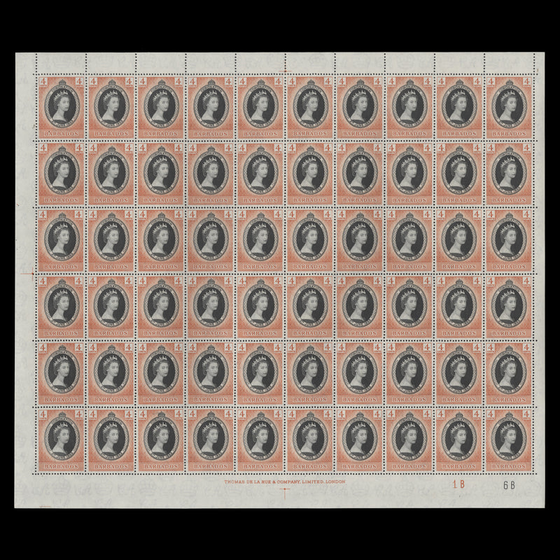 Barbados 1953 (MNH) 4c Coronation plate 1B–6B pane of 60 stamps