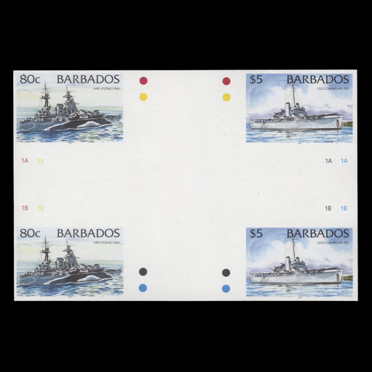 Barbados 1996 HMS Rodney/USCG Champlain imperf proof cross-gutter block