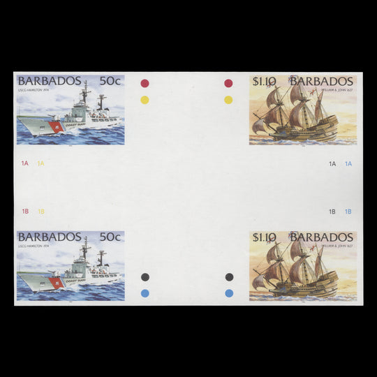 Barbados 1996 USCG Hamilton/William & John imperf proof cross-gutter block