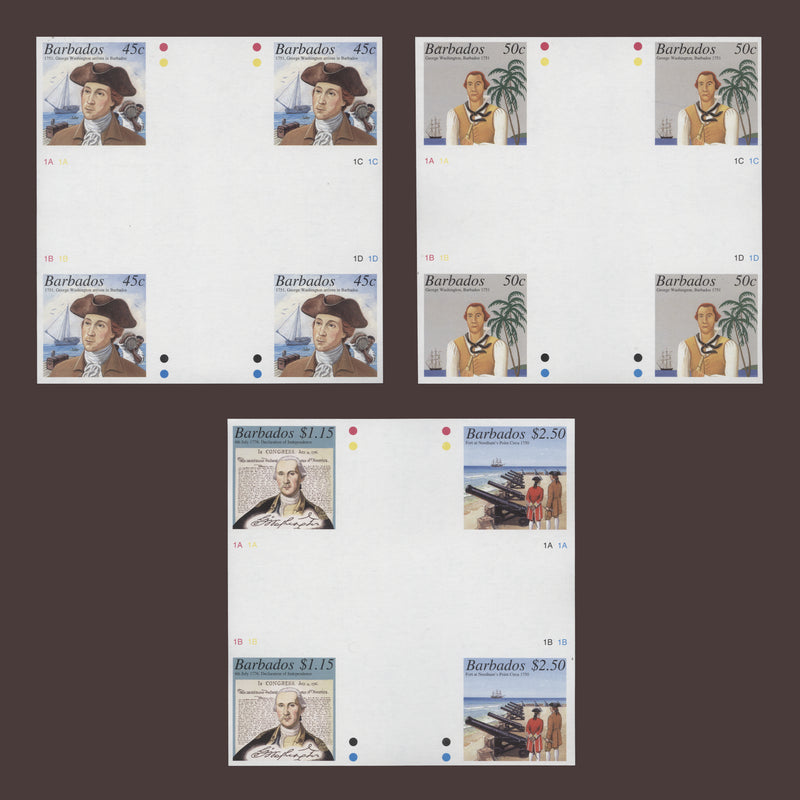 Barbados 2001 George Washington's Visit Anniversary imperf proof cross-gutter blocks