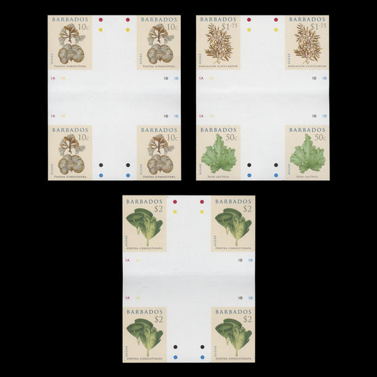 Barbados 2008 Algae imperf proof cross-gutter blocks